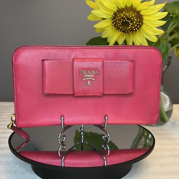 PRADA Saffiano Leather Zippy Zip Around Long Wallet with Bow | Pink | GUC - Picture 1 of 8